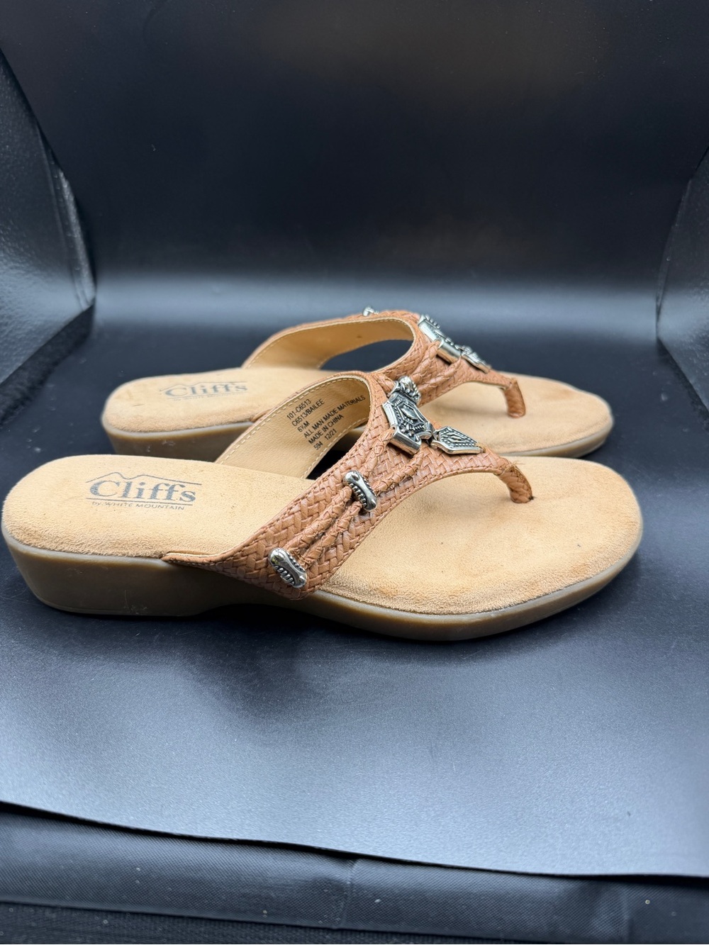 White Mountain Tan Braided Thong Sandals with Silver Accents